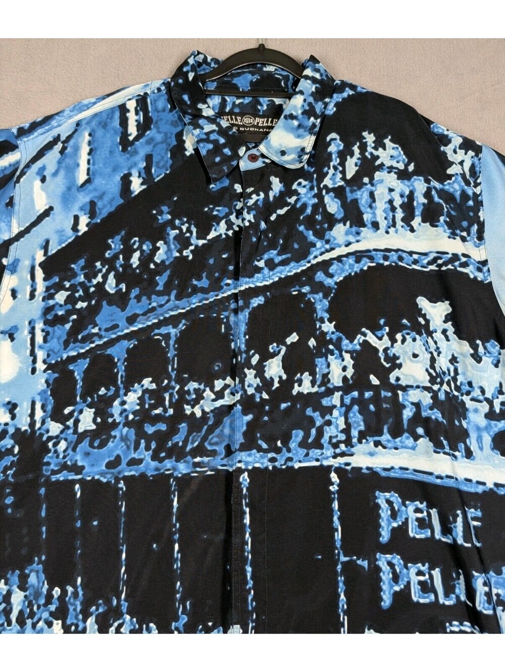 Pelle Pelle Mens XXL Blue Black Y2K Vintage Hip Hop Graffiti AOP Button Up Shirt